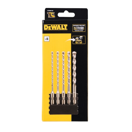 Front view of a DEWALT DT70835 package containing five metal drill bits, displayed in a black and yellow cardboard pack with product branding and Tough Case+ Commercial System information.