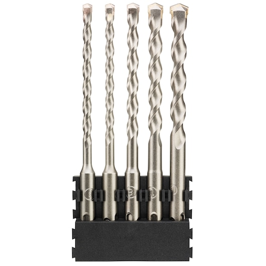 Set of five DEWALT masonry drill bits in a black holder, shown upright against a white background.