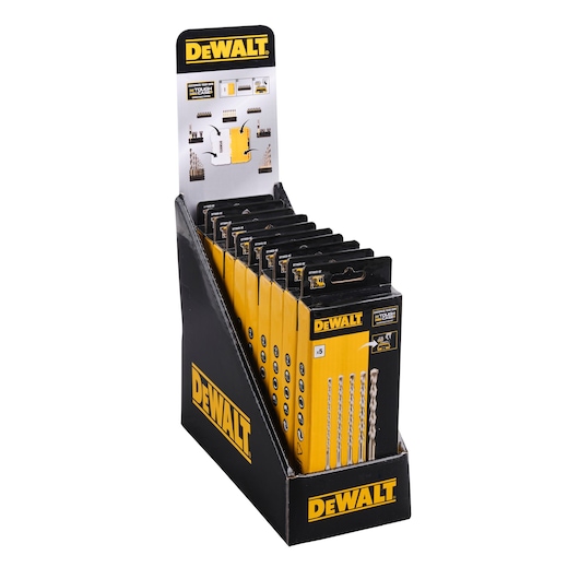 Display box of DEWALT drill bit sets in yellow and black packaging, arranged vertically in a branded cardboard stand.