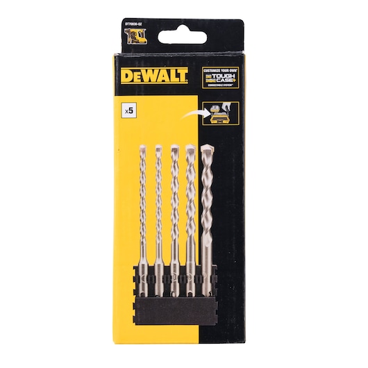 Packaging of DEWALT drill bit set DT70836, showing five masonry drill bits for use with power tools, displayed in a black and yellow box.