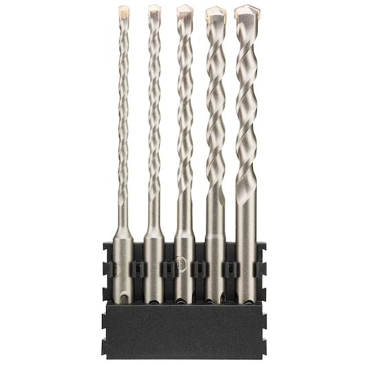 Set of five DEWALT masonry drill bits in a black holder, various sizes, silver color, vertical view.