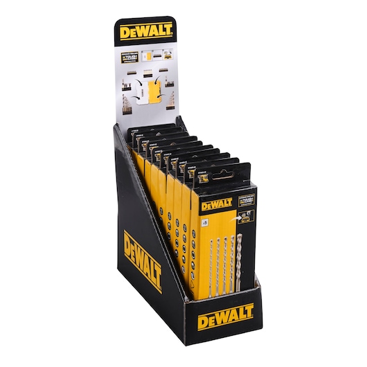 Display box containing multiple sets of DEWALT drill bits in yellow and black packaging, arranged in a row for retail presentation.