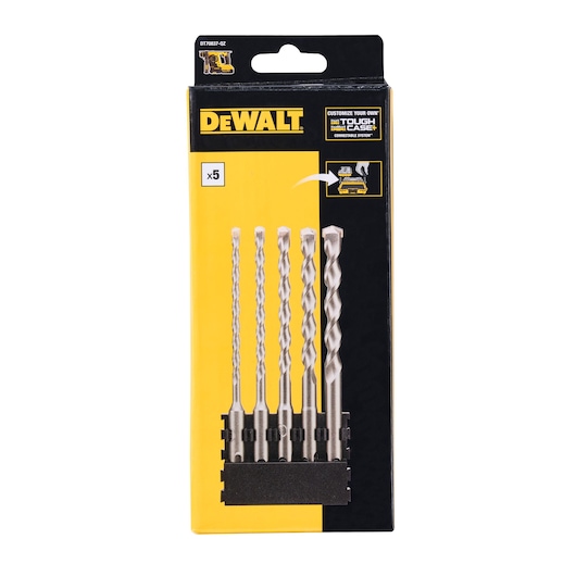 Front view of a DEWALT DT70837 packaging containing a set of five metal drill bits for use with power tools. The box is mainly yellow and black, features the DEWALT logo, and shows the drill bits inside a plastic holder.