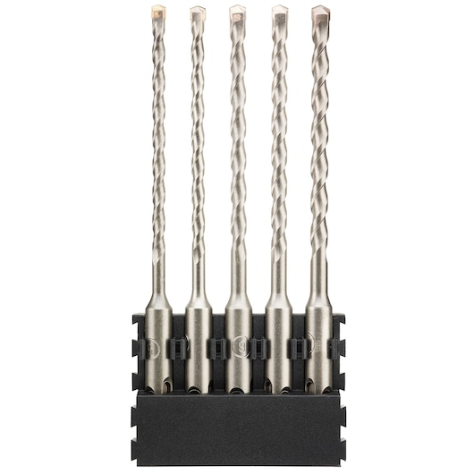 Set of five DEWALT masonry drill bits with spiral flutes, held upright in a black plastic holder.