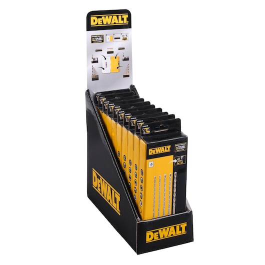 A display box containing multiple packs of DEWALT drill bits. The packaging is black and yellow with several visible drill bits on each pack, and the DEWALT logo prominently shown on both the display stand and each product pack.
