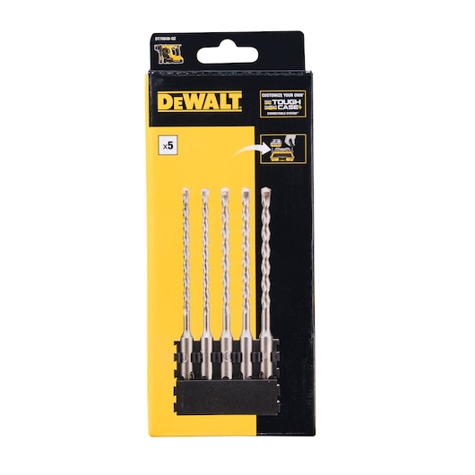 A DEWALT branded package containing five drill bits in a black holder, shown upright against a yellow and black box labeled DT70838.