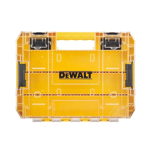 A DEWALT branded yellow plastic tool organizer case with a clear lid, black latches, and a yellow handle, viewed from above.