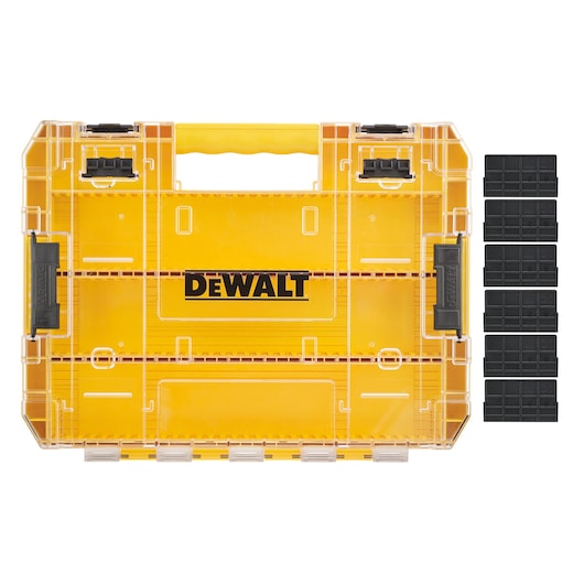 A yellow DEWALT branded tool storage case with a handle and black compartment dividers placed to the right side.