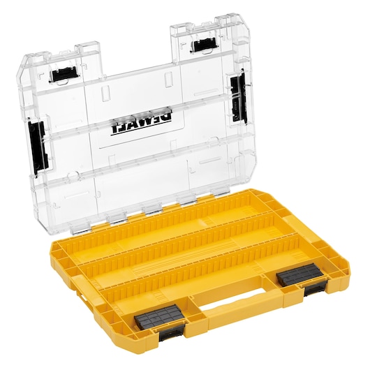A DEWALT yellow and transparent plastic storage case with compartment dividers, shown open.