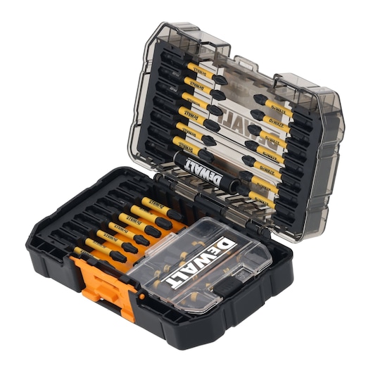 DEWALT DT70908T drill bit set in a black and transparent plastic case, includes various yellow and black bits.