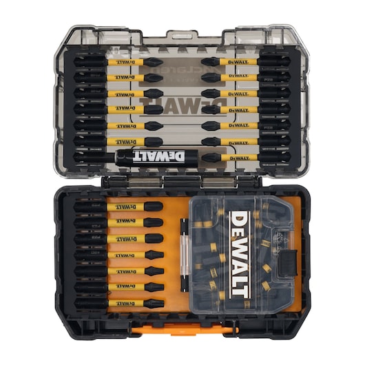 DEWALT bit set in an open case, containing various screwdriver bits organized inside, with DEWALT branding visible.