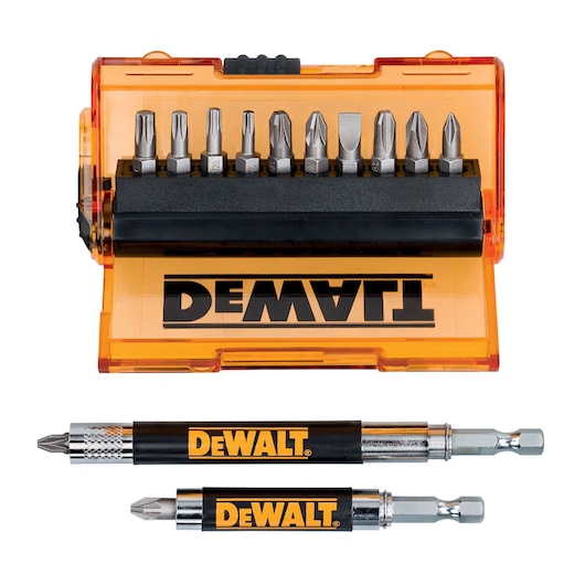 DEWALT bit set with orange case and two screwdriver bit holders, displayed on a white background.