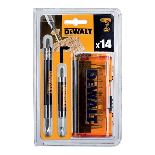 DEWALT DT71502 drill bit set with 14 pieces in an orange, transparent case for woodworking.