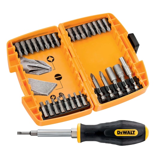 A DEWALT screwdriver bit set in an orange plastic case, containing multiple screwdriver bits and a black and yellow DEWALT-branded handle. The case is open to display the tools organized inside.