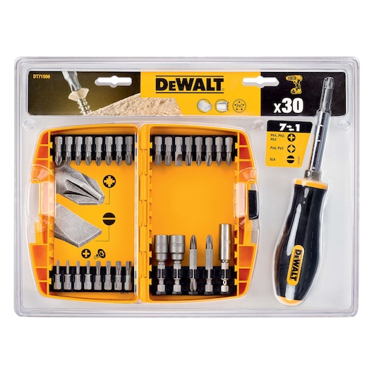 DEWALT DT71506 screwdriver and bits set, 30-piece kit in yellow plastic case for various screw types.