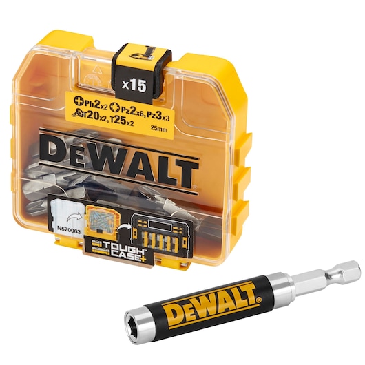 DEWALT bit set in yellow plastic case with magnetic bit holder, contains 15 pieces for screwdriving.