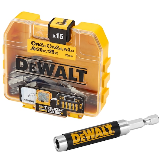DEWALT DT71511 bit set in yellow Tough Case with 15 bits and bit holder visible in front.