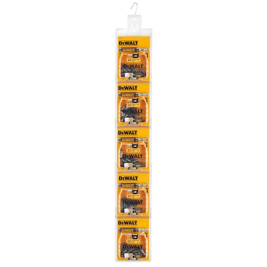 A hanging strip display with five packs of DEWALT screwdriver bits, model DT71511, in yellow and black packaging. Each pack is clearly branded and designed for retail display.