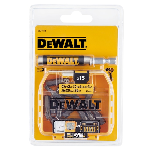 DEWALT DT71511 photography accessory kit with 15 tool bits in a Tough Case packaging, displayed for retail.