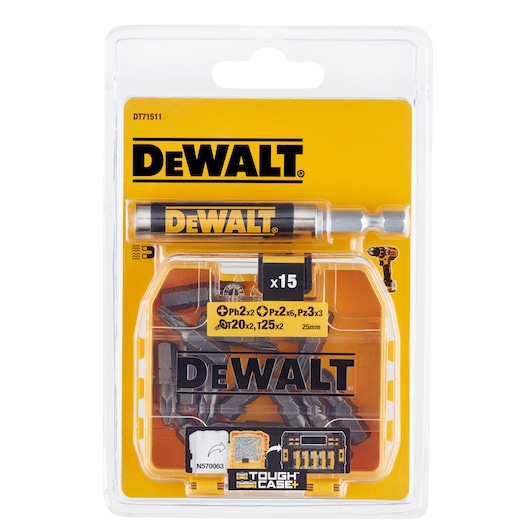 DEWALT DT71511 15-piece screwdriver bit set in yellow blister packaging with logo and contents visible.