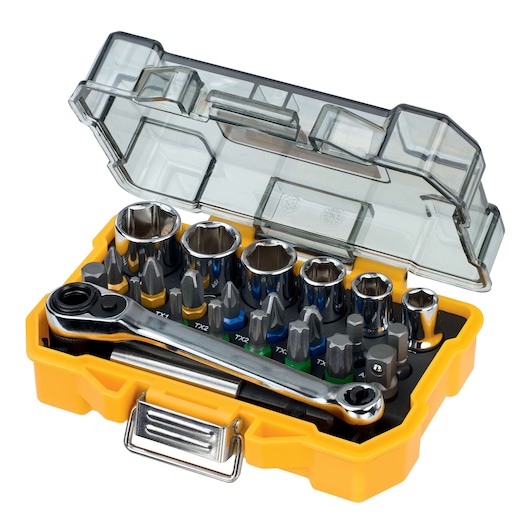 DEWALT ratchet and socket set in yellow case with transparent lid, showing various bits and sockets.