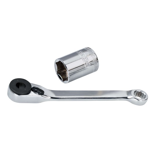 Metal ratchet wrench and socket attachment, both silver, shown on a white background.