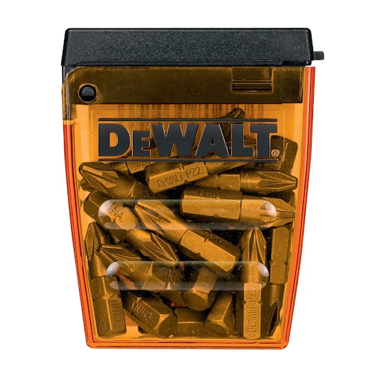 DEWALT DT71521 set of screwdriver bits in a transparent orange plastic box with black lid.