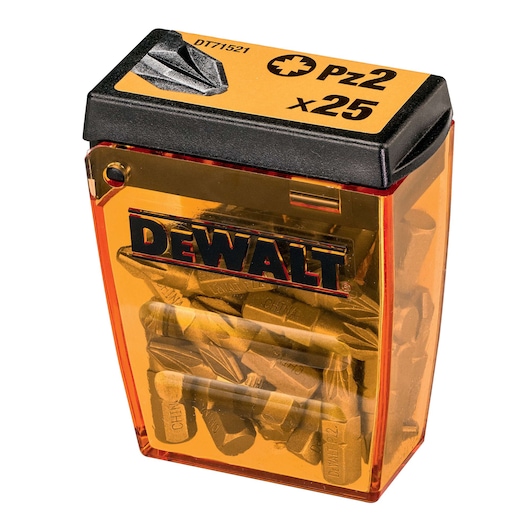 DEWALT DT71521 set of 25 PZ2 screwdriver bits in a transparent orange box with black lid.