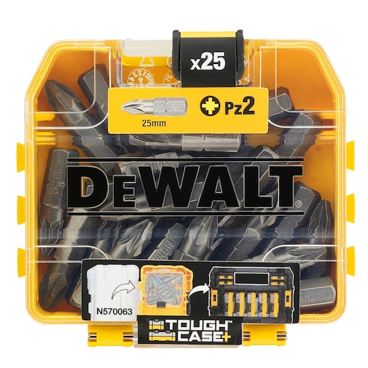 DEWALT Tough Case with 25 PZ2 25mm screwdriver bits, yellow transparent box, DT71521 SKU visible.
