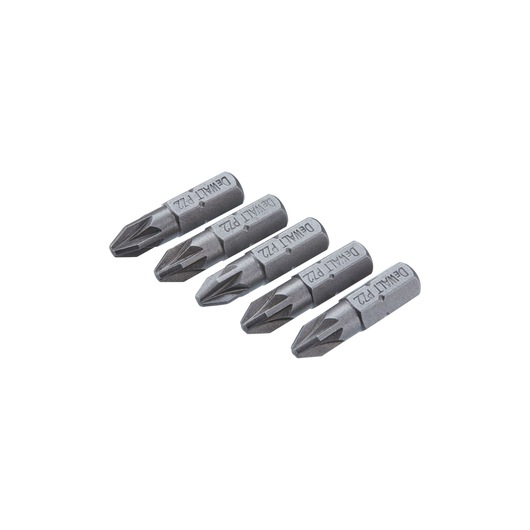 Set of five DEWALT PH2 screwdriver bits, arranged diagonally on a white background.