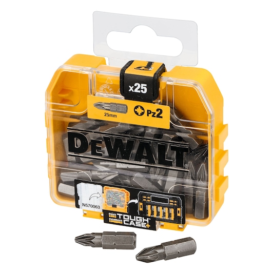 DEWALT DT71521 set with 25 PZ2 screwdriver bits in a yellow tough case. Two bits are shown outside.