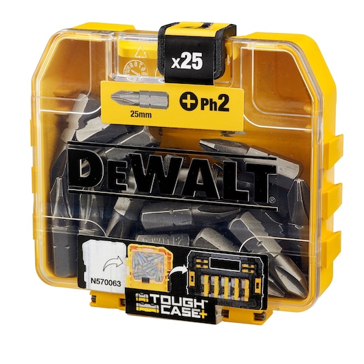 DEWALT ToughCase with 25 Phillips 2 screwdriver bits, 25mm length, shown in a yellow plastic storage box.