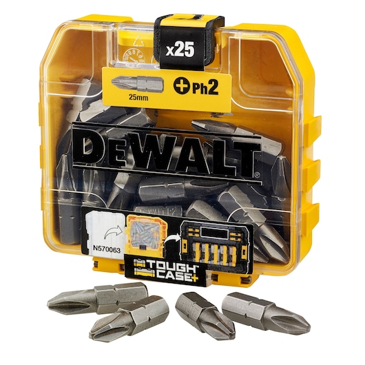 DEWALT Tough Case with 25x 25mm PH2 screwdriver bits, yellow and clear plastic box, four bits shown outside.