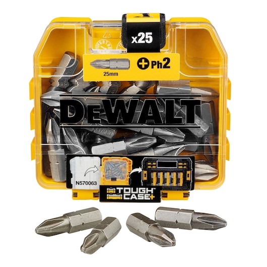DEWALT box with 25 PH2 screwdriver bits, 25mm, shown in yellow Tough Case.