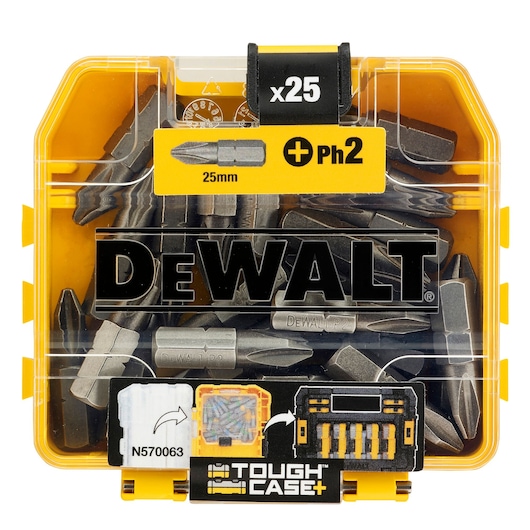 DEWALT Tough Case with 25x screwdriver bits, 25mm PH2, organized in yellow and clear plastic box.