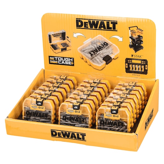 DEWALT DT71522 bit sets in yellow display box showing multiple Tough Case+ storage boxes.