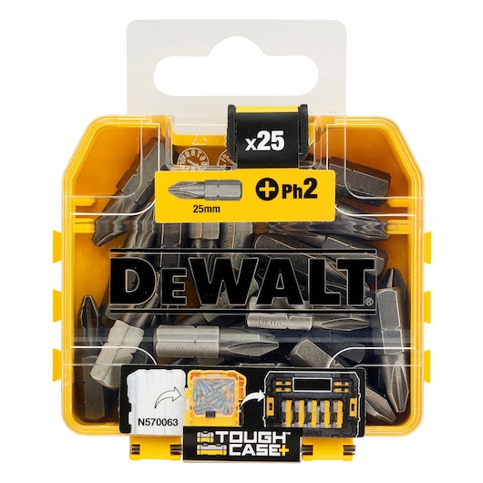 DEWALT DT71522 Tough Case with 25 Phillips screwdriver bits, 25mm, in a yellow and clear plastic box.
