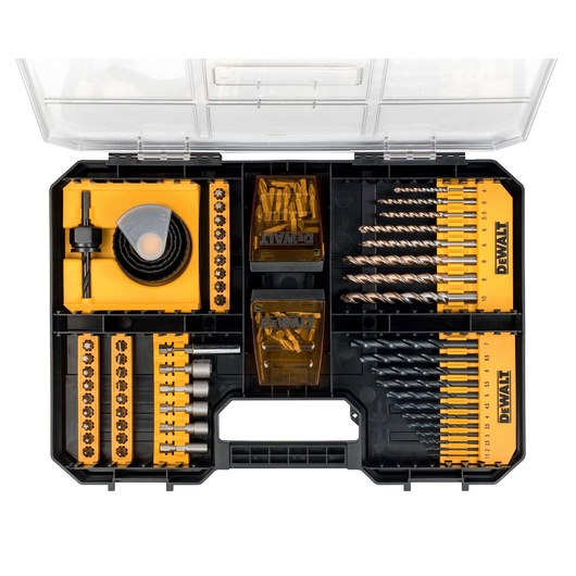 Top view of a DEWALT drill and screwdriver bit set in a black plastic case with a transparent lid. The set includes various drill bits, screwdriver bits, and accessories organized in dedicated compartments.