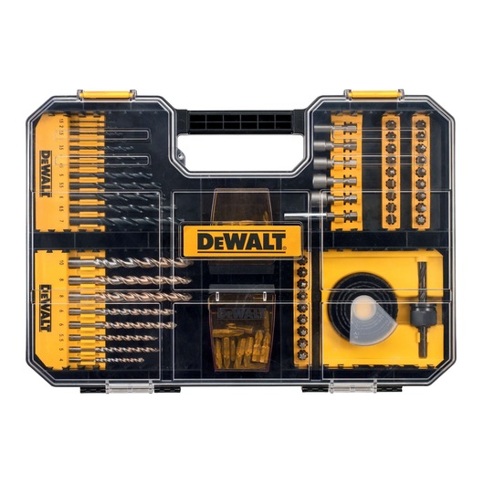 A DEWALT branded drill and screw bit set in a transparent plastic case, containing various drill bits, screwdriver bits, socket bits, and accessories organized in compartments.