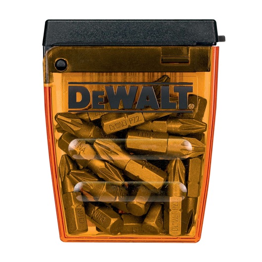 A transparent orange plastic case with black lid containing multiple DEWALT branded screwdriver bits.