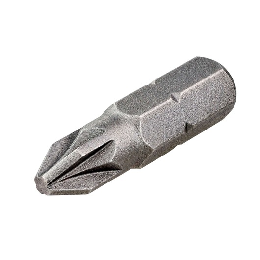 A close-up image of a metallic screwdriver bit with a Phillips head, featuring a hexagonal base for attaching to power tools. The bit is photographed on a white background.