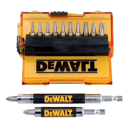 A DEWALT branded yellow and black case containing a set of screwdriver bits, with two DEWALT screwdriver bit holders displayed below the case.