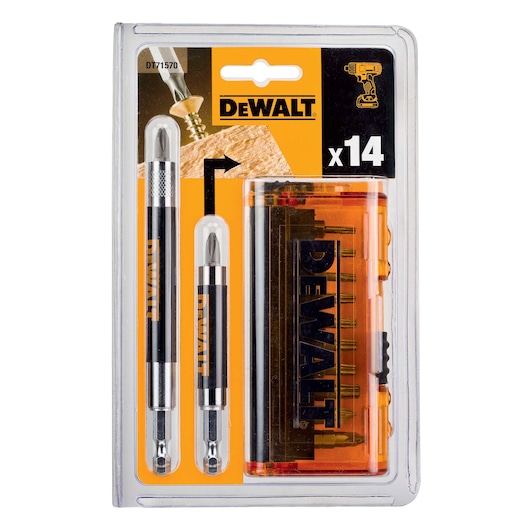DEWALT DT71570 set of 14 screwdriver bits and accessories in a transparent plastic package, includes two bit holders and a compact orange storage case.