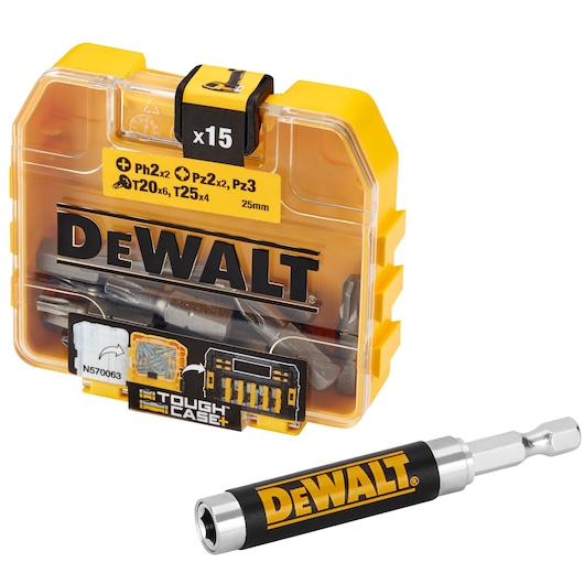 DEWALT DT71573 Tough Case with 15 assorted screwdriver bits and bit holder, yellow and black.