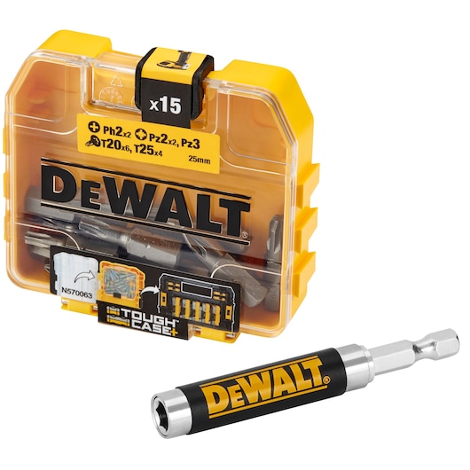 DEWALT DT71573 bit set with 15 pieces in a tough yellow case and a bit holder for screwdriving tasks.