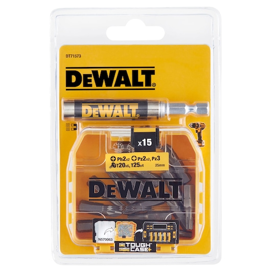 DEWALT DT71573 set with screwdriver bits in a plastic case, labeled Tough Case Plus, contains 15 pieces.