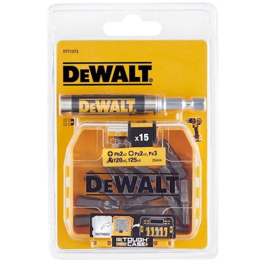DEWALT DT71573 screwdriver bit set in a yellow plastic case, includes various bits and magnetic holder.