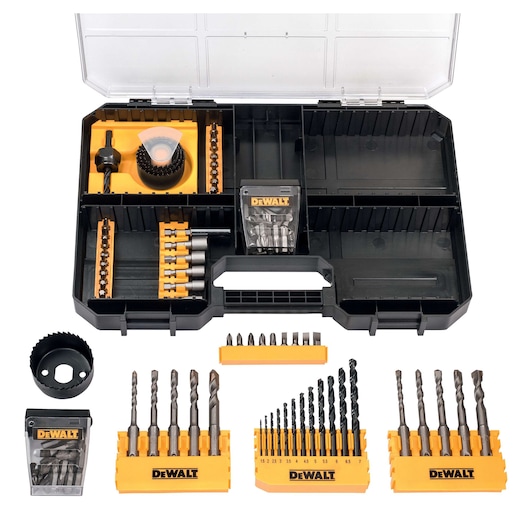 DEWALT drill bit set in black case with various drill bits and accessories displayed, suitable for multiple tasks.