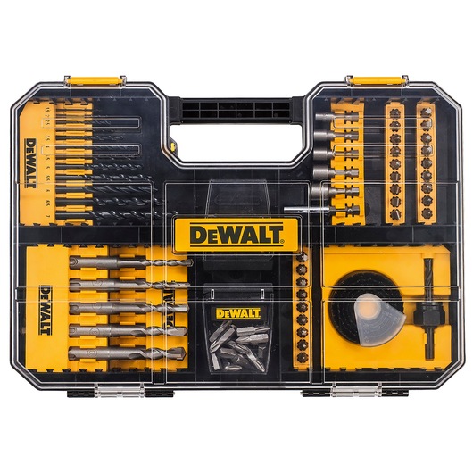 DEWALT DT71583 drill and bit set in a plastic case with assorted tools arranged for easy access.