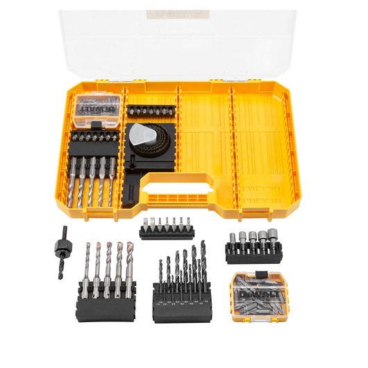 Yellow DEWALT drill and bit kit with assorted drill bits, screwdriver bits, in an open plastic case.